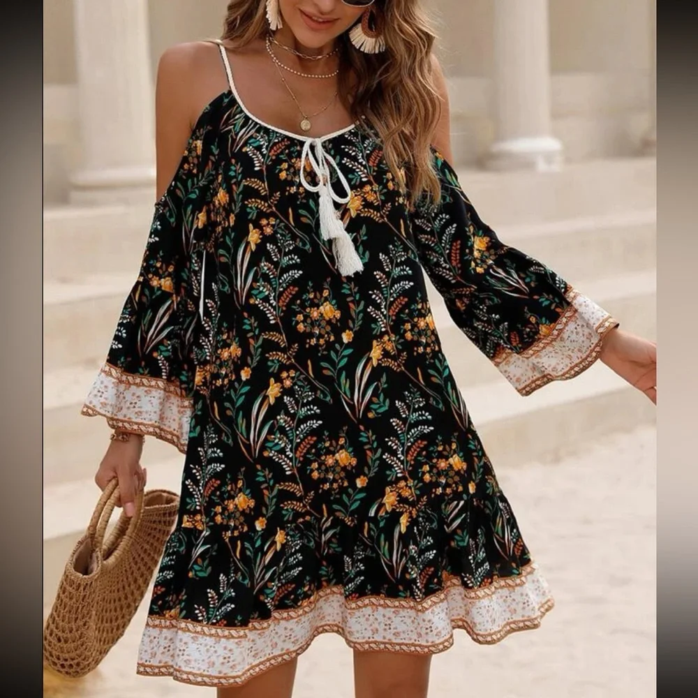 Boho Floral Print Cold Shoulder Flare Sleeve Tassel Tie Dress - Picture 16 of 16